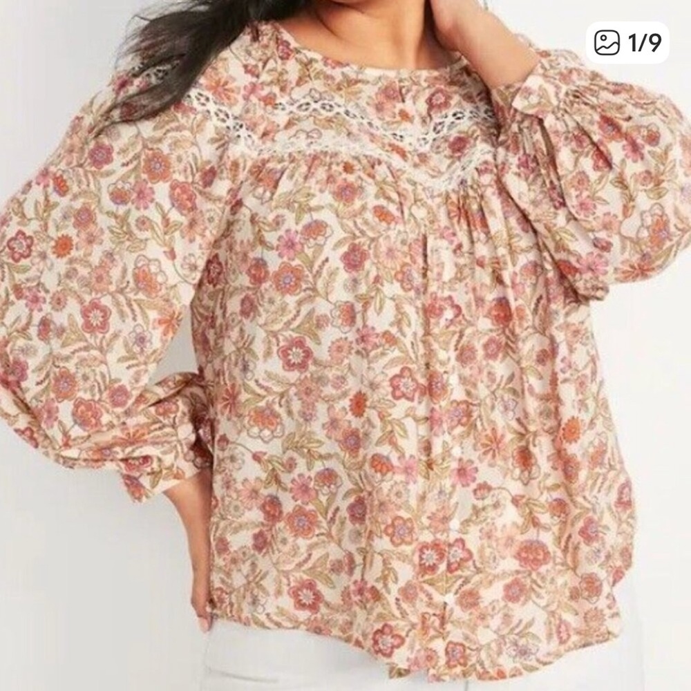 Old Navy Women's Size 3X Long-Sleeve Lace-Trimmed Floral-Print Blouse Top‎
